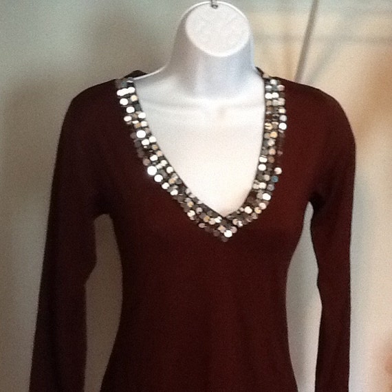 Chocolate Brown knit Top with Sequins around the … - image 3