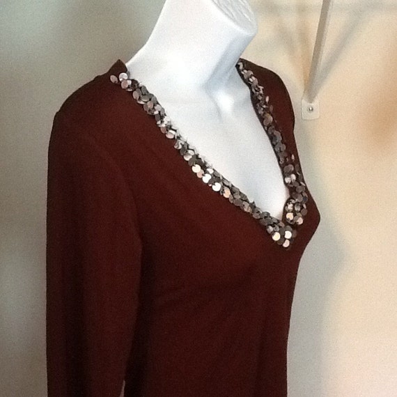 Chocolate Brown knit Top with Sequins around the … - image 4