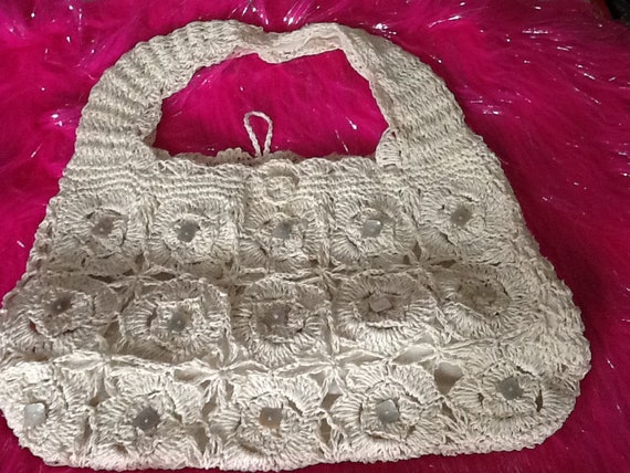 White Woven Bag with ablone buttons on front . Wi… - image 1