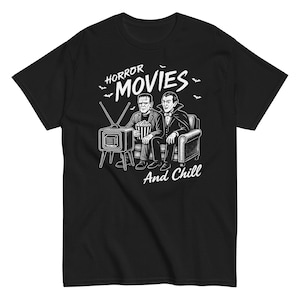 Horror Movie Night T-Shirt – Frankenstein & Dracula Parody Retro Halloween Shirt for Spooky Fans and Classic Monster Lovers