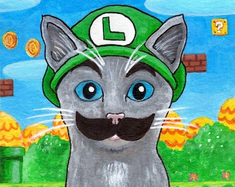 Luigi Cat Art | Gamer Art Poster | Handpainted Wall Art | Locally Made | Super Mario Cat | Gamer Gift | Square Wall Art | Physical Print
