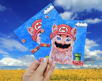 Mario Cat Art | Meowrio Art Poster | Handpainted Wall Art | Locally Made | Super Mario Cat | Gamer Gift | Square Wall Art | Physical Print