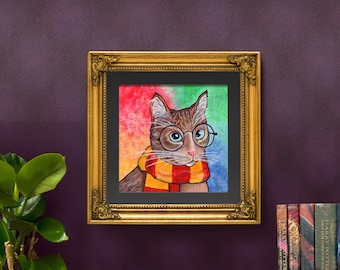 Wizard Cat Portrait | Handpainted Wall Art | Locally Made | Magician Cat | Potter Cat, Gift for Potter Fans, Square Wall Art, Physical Print
