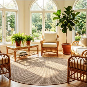 May include: A sunlit living room with rattan furniture, including a coffee table, chairs, and a sofa. A large round rug sits on the wooden floor. Potted plants and a large potted tree add greenery. Large arched windows offer a view of the outdoors.