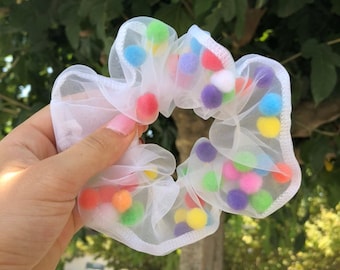Rainbow Pom Pom Hair Scrunchie | Unique Hair Scrunchy | Tulle | Cute Scrunchie | Gifts For Her | Festival Concert Party Wear | Hair Tie