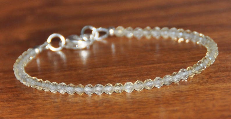 November Birthstone Pale Yellow Semi Precious Stone Stacking Bracelet Natural Citrine Dainty Bead Bracelet wSterling Silver Heart Clasp