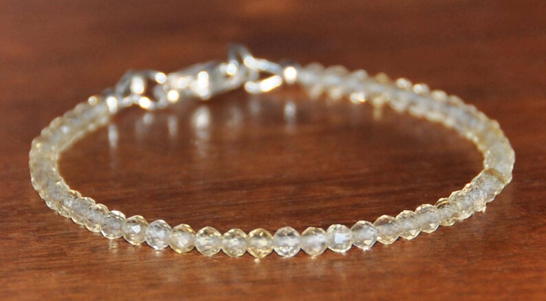 November Birthstone Pale Yellow Semi Precious Stone Stacking Bracelet Natural Citrine Dainty Bead Bracelet wSterling Silver Heart Clasp