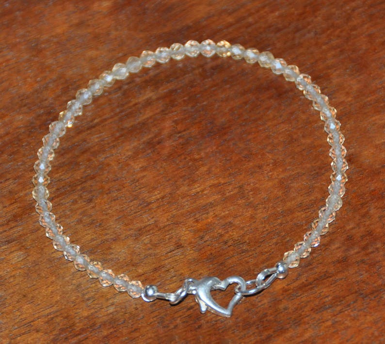 November Birthstone Pale Yellow Semi Precious Stone Stacking Bracelet Natural Citrine Dainty Bead Bracelet wSterling Silver Heart Clasp