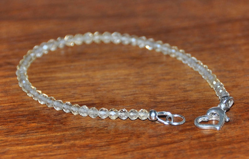 November Birthstone Pale Yellow Semi Precious Stone Stacking Bracelet Natural Citrine Dainty Bead Bracelet wSterling Silver Heart Clasp