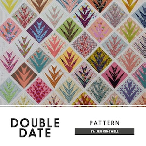 May include: A quilt pattern called "Double Date" by Jen Kingwell. The pattern features a repeating design of colourful, geometric shapes resembling stylised flowers.