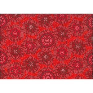 May include: A bright red fabric with a repeating floral pattern. The design features dark red and white dotted lines, creating a textured effect. The symmetrical pattern is composed of stylized flowers, making it suitable for various applications.
