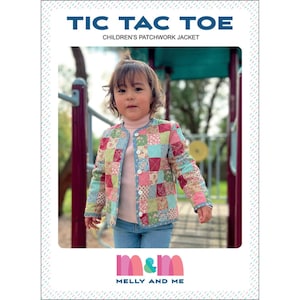 May include: A young child wearing a colourful patchwork jacket. The jacket features a patchwork design with various colours. The image includes the text "TIC TAC TOE CHILDREN'S PATCHWORK JACKET" and the "Melly and Me" logo.