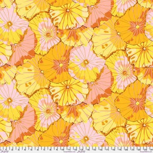 May include: A vibrant fabric featuring a repeating pattern of stylized, open flower shapes. The design showcases a palette of yellow, orange, and pink hues, creating a cheerful and summery aesthetic. The floral elements are layered, adding depth to the overall composition.