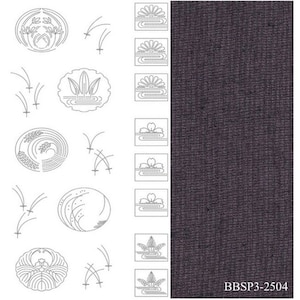 May include: A black and white illustration of various Japanese traditional patterns, including a stylized wave, a flower, and a leaf. The patterns are arranged in a vertical column on the left side of the image. On the right side of the image is a swatch of dark gray fabric with the text "BBSP3-2504".