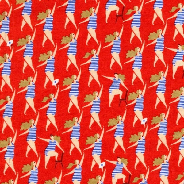 Kokka Fabrics - Action Pattern - Ladies in Swimsuits on a Red Background FAT QUARTER