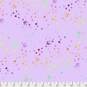 May include: A purple fabric with a repeating pattern of colourful stars and stylised birds. The birds are in shades of blue, pink, and green.