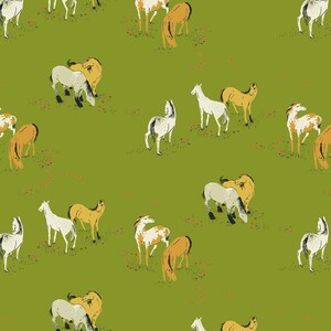 May include: A seamless pattern featuring a repeating design of horses in various poses on a green background. The horses are drawn in a simple, stylized manner and are depicted in shades of white, brown, and yellow.
