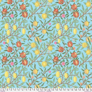 May include: A repeating pattern of fruit and foliage on a light blue background. The design features stylized pomegranates, lemons, and peaches, along with green leaves and small pink flowers. The branches are brown, creating a naturalistic feel.