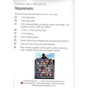 May include: A quilt pattern with instructions for a Bossa Nova quilt. The quilt is made with a variety of fabrics in different colors and patterns. The finished size of the quilt is 63 inches by 63 inches. The instructions include a list of materials needed, including fabric, batting, binding, and sewing supplies.