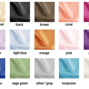 May include: A color chart showing 21 different fabric swatches. The swatches are arranged in three rows of seven. The colors are: aqua, beach sand, black, brown, coral, fuchsia, gold, ivory, lavender, light blue, orange, pink, purple, red, rose, royal blue, sage green, silver/gray, turquoise, white, and yellow.