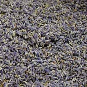May include: A close-up view of dried lavender buds, a purple-blue colour, with some stems visible.