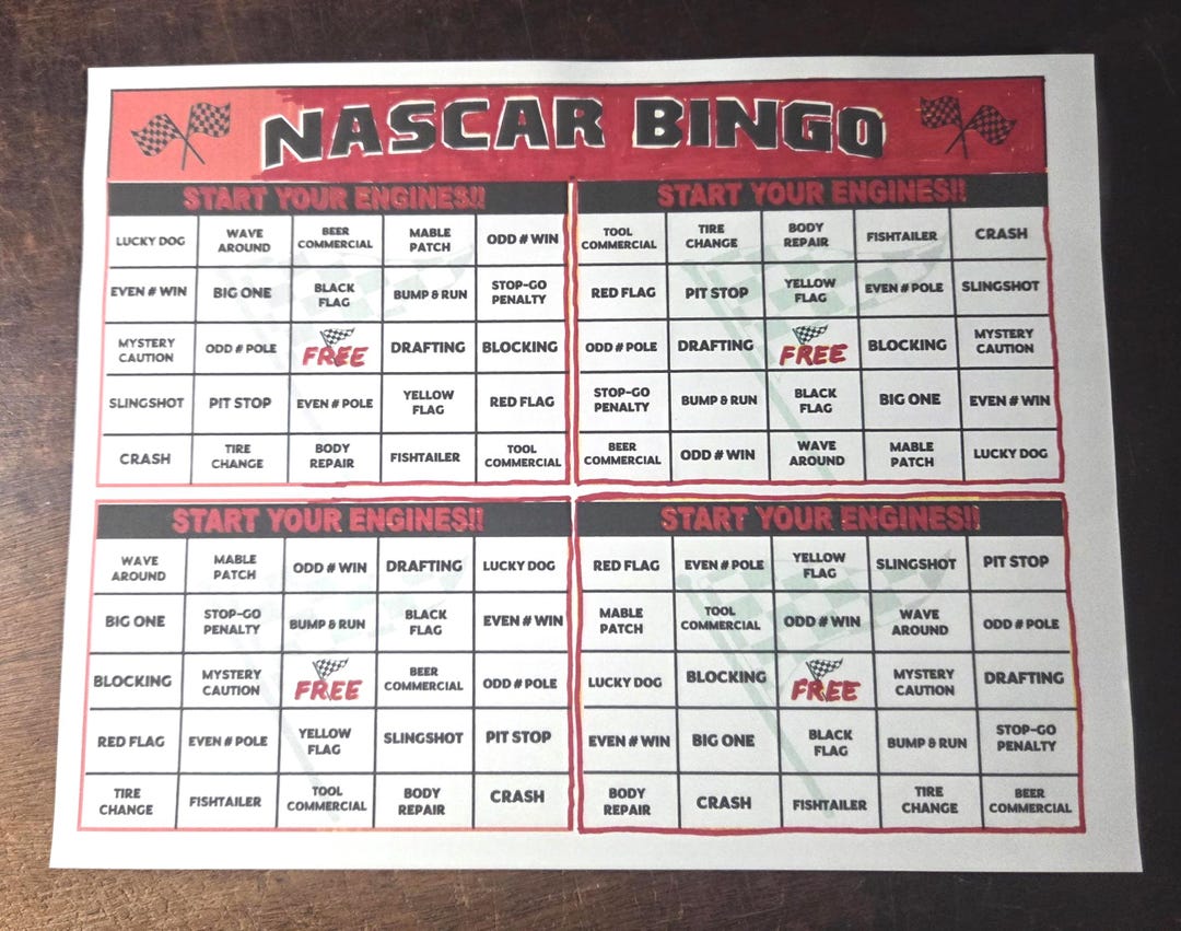 Party Game NASCAR Bingo, Car Racing, Spring Motorsports Tailgating ...