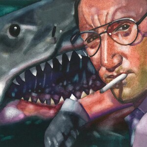 Man vs. Beast – Original Great White Shark Watercolor Painting (Jaws-Inspired, 8x8)