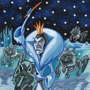 Impresión artística de pintura acrílica con ilustración de dibujos animados de La Bruja Blanca: homenaje clásico a C.S. Lewis - Las crónicas de Narnia
