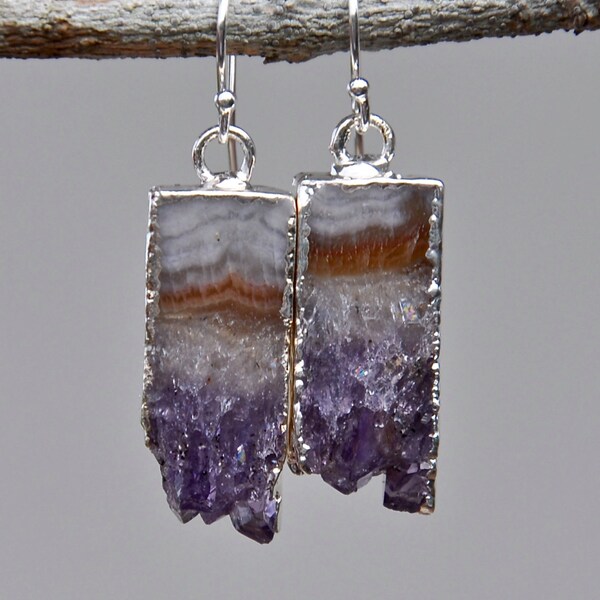 Amethyst dangle earrings, graduation gift for her, amethyst slice, sterling silver earrings, small earrings, lightweight jewelry, raw stone