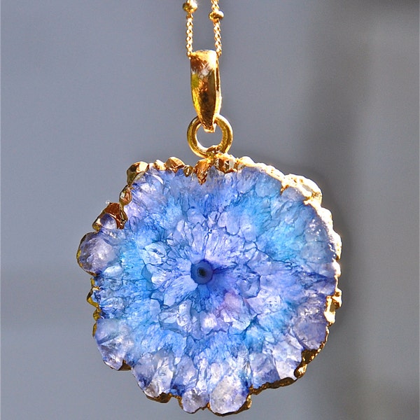 Solar quartz jewelry, blue solar quartz necklace, blue stone pendant, solar quartz pendant, handmade necklace, 14k gold chain