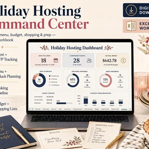 Op de afbeelding: Een digitaal Holiday Hosting Command Center Excel-werkboek weergegeven op een laptopscherm. Het dashboard bevat secties voor gastenbeheer, menuplanning, budgetoverzichten en boodschappenlijstjes met grafieken en gegevens voor evenementen.