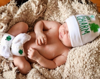 Newborn Baby's First St. Patrick's Day Hat & Sock Set (Baby Boy, Baby Girl, Unisex, Gender Neutral, My Lucky Charm, Shamrock)