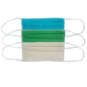 May include: Three reusable face masks in a set. The masks are made of fabric and have white elastic ear loops. The masks are turquoise, green, and beige.