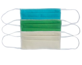 May include: Three reusable face masks in a set. The masks are made of fabric and have white elastic ear loops. The masks are turquoise, green, and beige.
