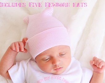Newborn Girl Hospital Hats: Knit Baby Beanies & Mittens Set