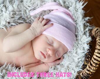Newborn Girl Lullaby Knot Caps - Set of 3, Hospital Grade
