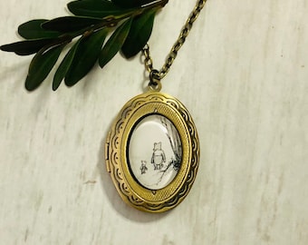 Winnie The Pooh and Piglet Vintage Gold Or Silver Oval Photo Locket Pendant Necklace