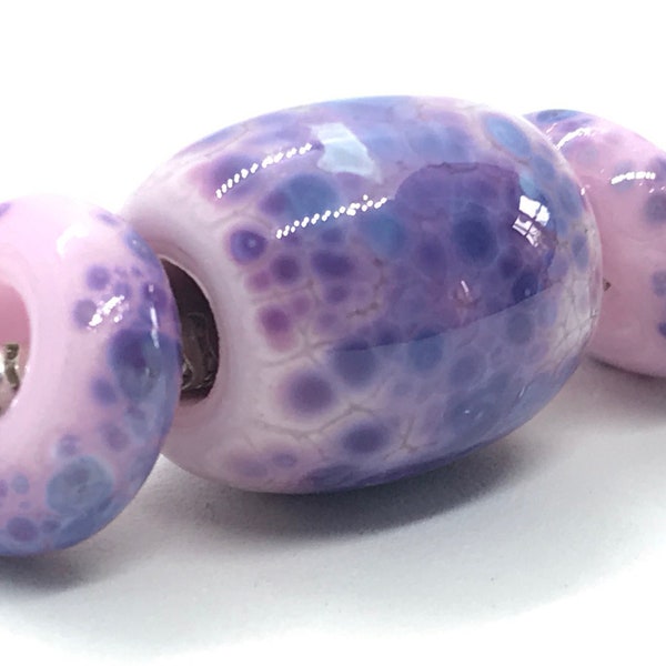 Handmade Glass Beads/Set of 3 Big Hole Beads/Pink, Purple and Blue Handmade Frit Beads