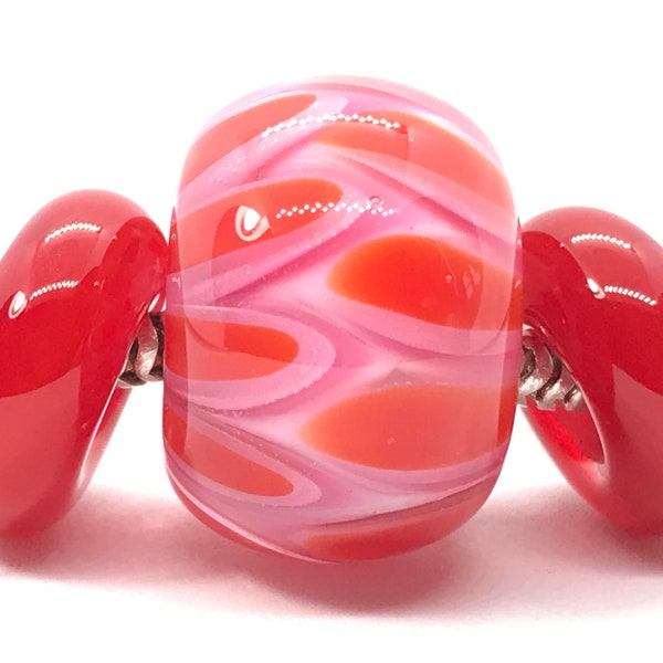 Lampwork Glass Beads/Big Hole Charm Beads/Pink and Red BHB set/European Style Charm Beads