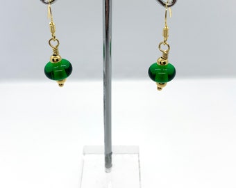 Handmade Green Glass Beaded Earrings with Gold Vermeil Findings/Lampwork Glass Beaded Earrings