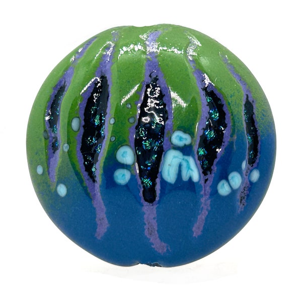Large handmade Mokume Gane lentil shaped bead / Blue and Green dichroic lampwork glass bead