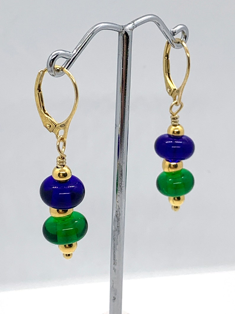 Handmade Royal Blue and Green Glass Beaded Earrings with Gold Vermeil Findings/Lampwork Glass Beaded Earrings image 6