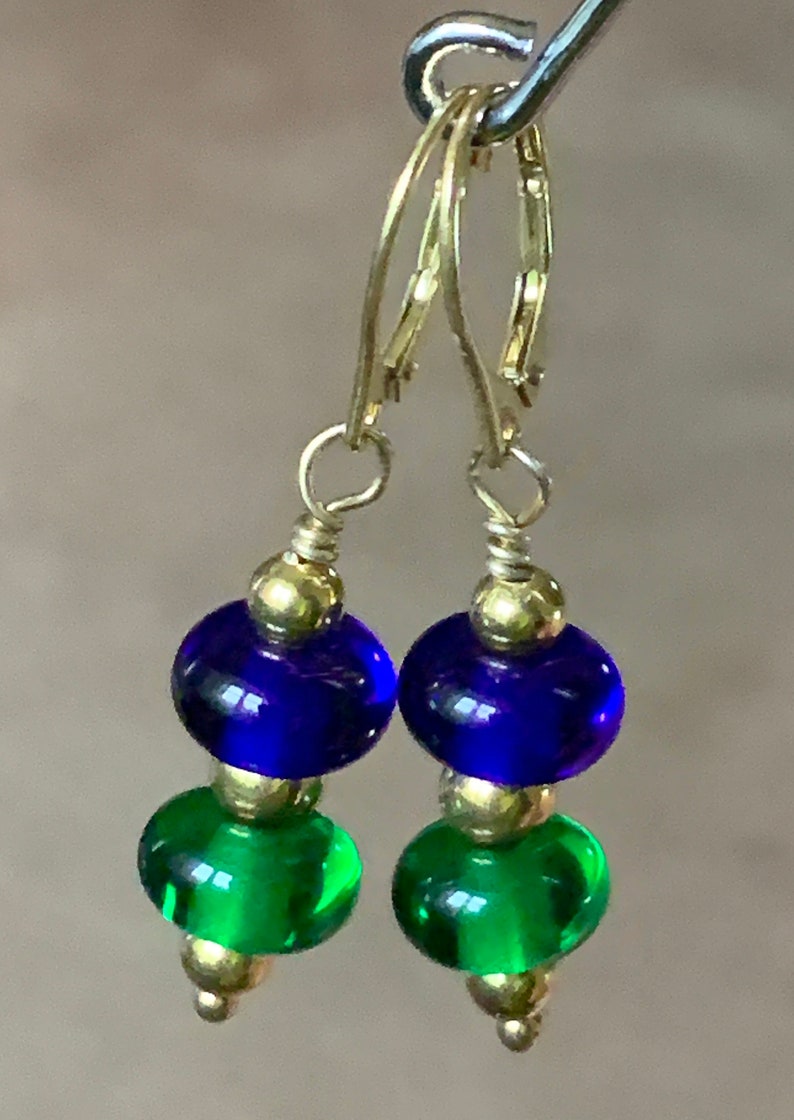 Handmade Royal Blue and Green Glass Beaded Earrings with Gold Vermeil Findings/Lampwork Glass Beaded Earrings image 3