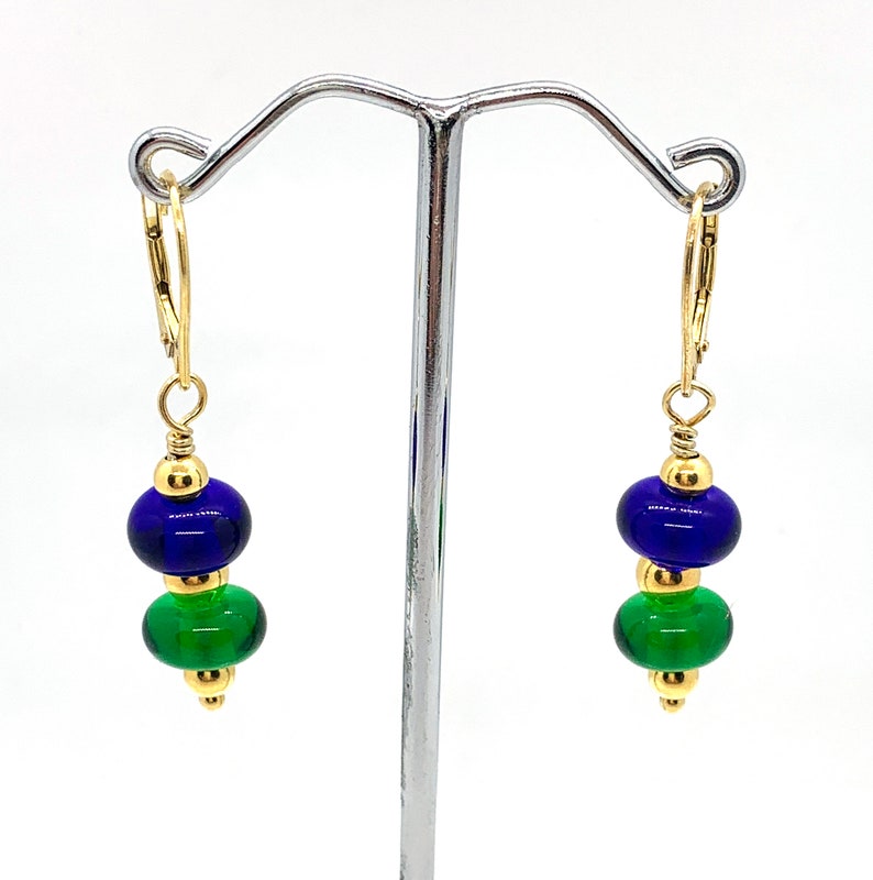 Handmade Royal Blue and Green Glass Beaded Earrings with Gold Vermeil Findings/Lampwork Glass Beaded Earrings image 9