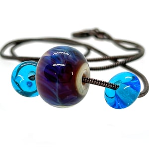Handmade Lampwork Glass Beaded Necklace: Purple & Blue, Antique Bronze Chain
