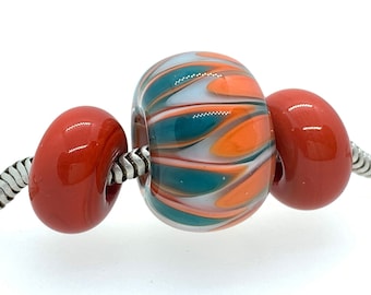 Handmade Glass Beads/Set of 3 Big Hole Charm Beads/ Orange and Teal BHB's/European Style Charm Beads