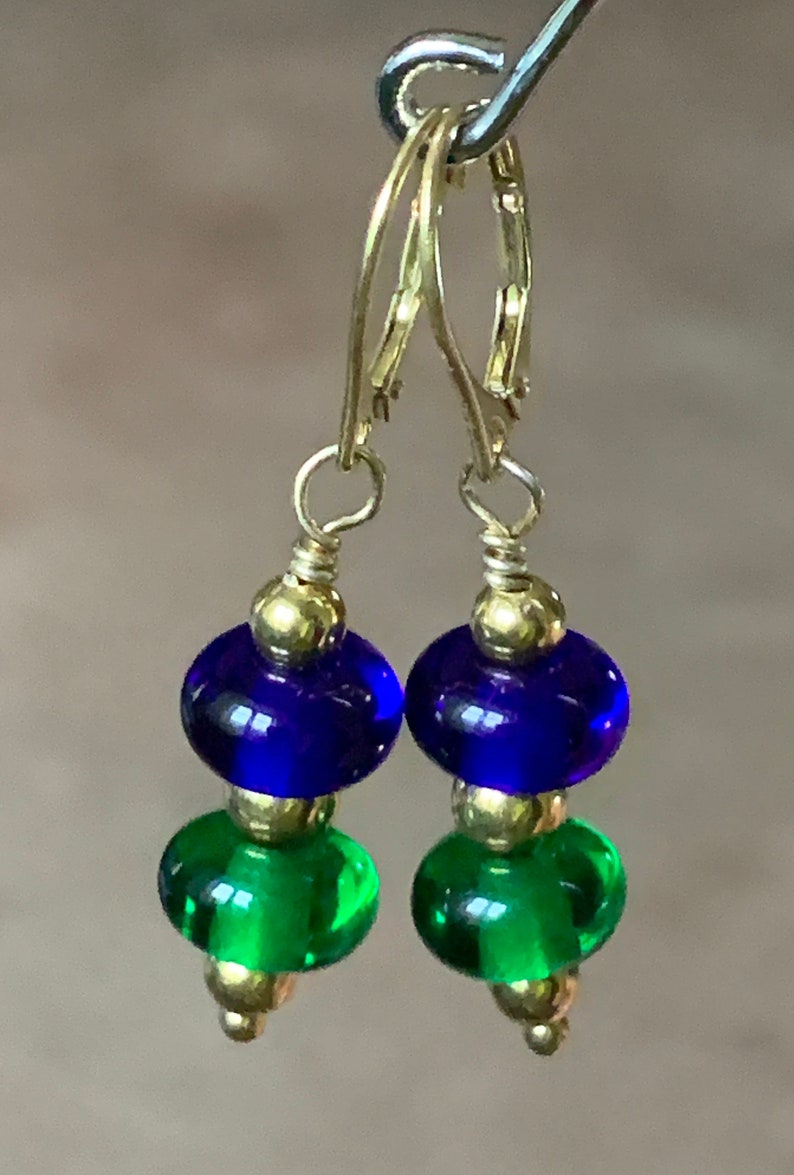 Handmade Royal Blue and Green Glass Beaded Earrings with Gold Vermeil Findings/Lampwork Glass Beaded Earrings image 7