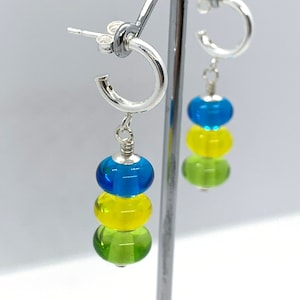 Aqua Blue, Yellow and Olive Green Earrings/Handmade Glass Bead Earrings with Sterling Silver Findings