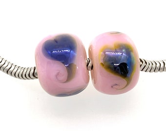 1622 Pink with Blue Silver Effect Heart Lampwork Glass Beads/Set of 3 Big Hole Beads/Handmade Glass Charm Bead