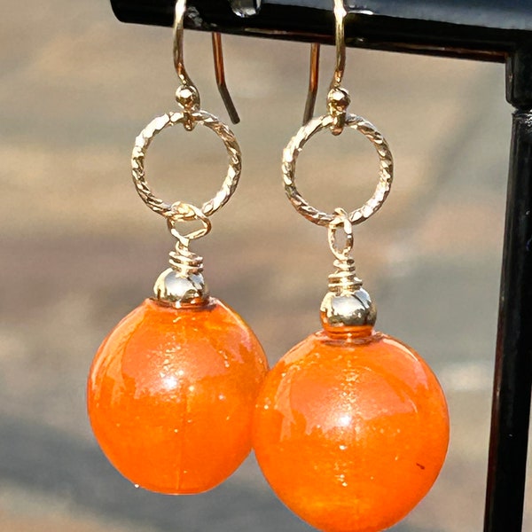 Sparkly Orange Hollow Blown Glass beaded Earrings / Gold Filled Drop Hook Earring with Handmade Lampwork Glass Beads